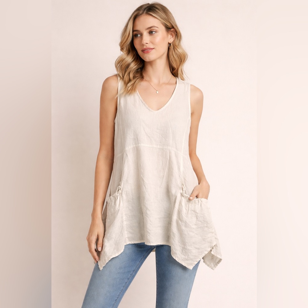 Sleeveless V-Neck Linen Tunic Top in Light Beige